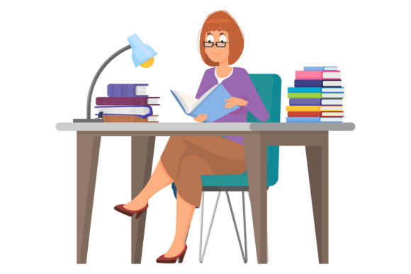 Download Woman Studying at Desk with Book Stacks. - Man Collection